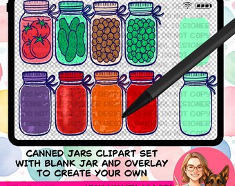 May include: A digital clipart set featuring nine colorful canned jars filled with tomatoes, pickles, beans, peas, and preserves. The jars have lids and bows. The set includes a blank jar and overlay for customization. The image is a high-quality PNG digital download.