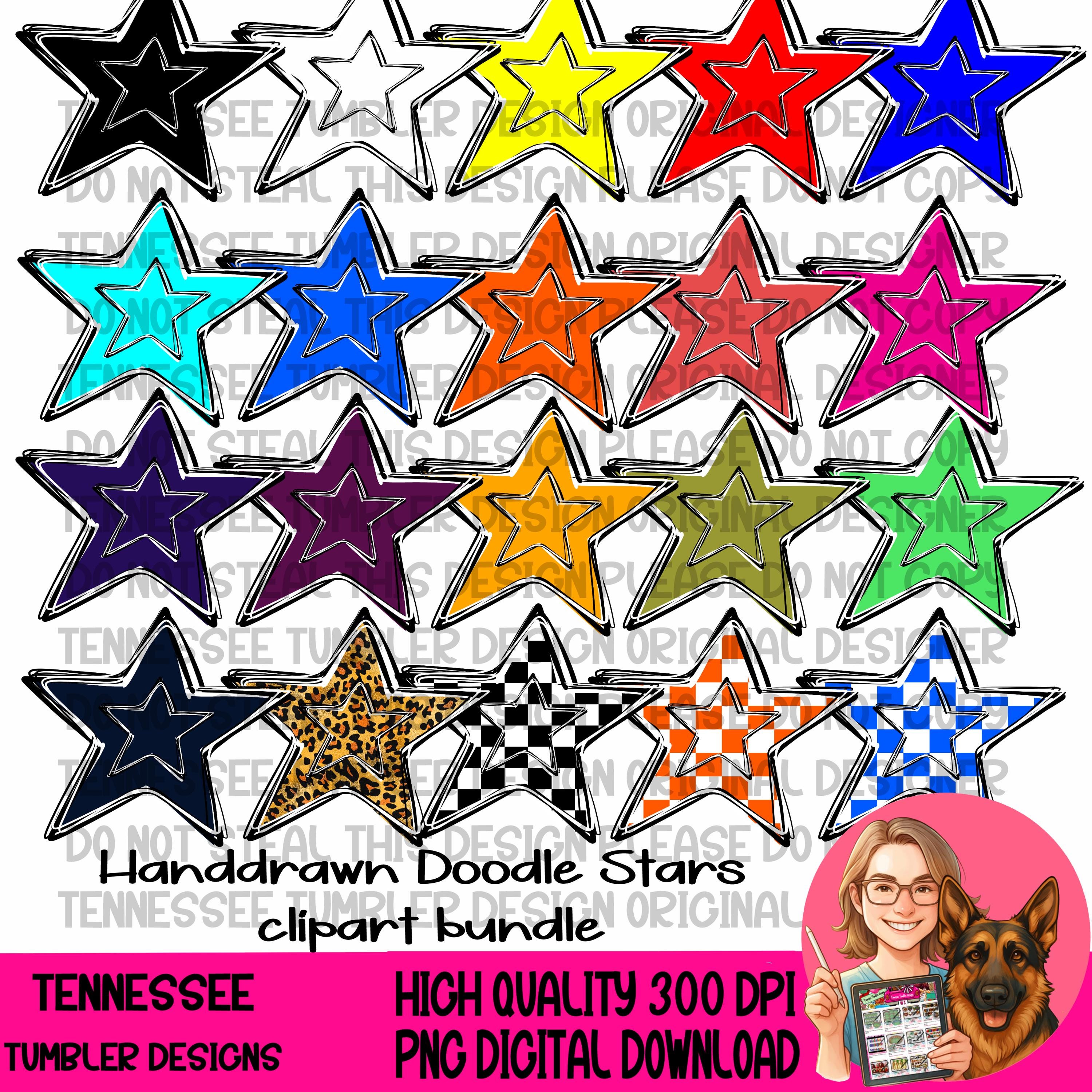 Hand Drawn Doodle Stars Clipart Bundle (2026) - 20 11 Inch Files - 300 ...