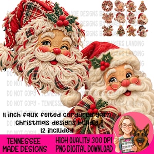 Puede incluir: Un paquete digital de 12 diseños navideños con rostros de Santa Claus, gorros de cuadros rojos texturizados, barbas de hilo blanco y detalles de acebo. Un Santa lleva gafas doradas. Incluye varios iconos festivos como árboles y muñecos.