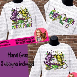Puede incluir: Camisetas blancas de cuello redondo con diseños de Mardi Gras. Cada camiseta presenta un diseño diferente con cangrejos de río, máscaras y las palabras "Mardi Pardi". La imagen también incluye el texto "Mardi Gras 3 designs included".