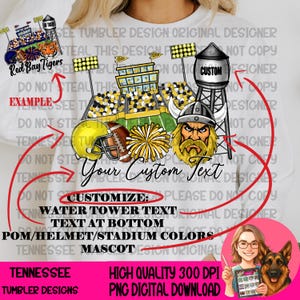 May include: A digital design featuring a football stadium, helmet, pom-pom, and a water tower with the text "Custom". The design includes the text "Your Custom Text" and "Tennessee Tumbler Designs".
