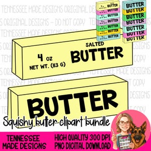 May include: A digital illustration featuring butter sticks and stacks of butter boxes. The main butter stick is labelled "SALTED BUTTER" and "4 oz NET WT. (113 g)". The text "Squishy butter clipart bundle" is also present.