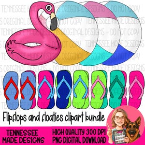 May include: A digital clipart bundle featuring a pink flamingo float, colorful beach balls, and a row of flip-flops in various colors. The text "Flipflops and floaties clipart bundle" is included.