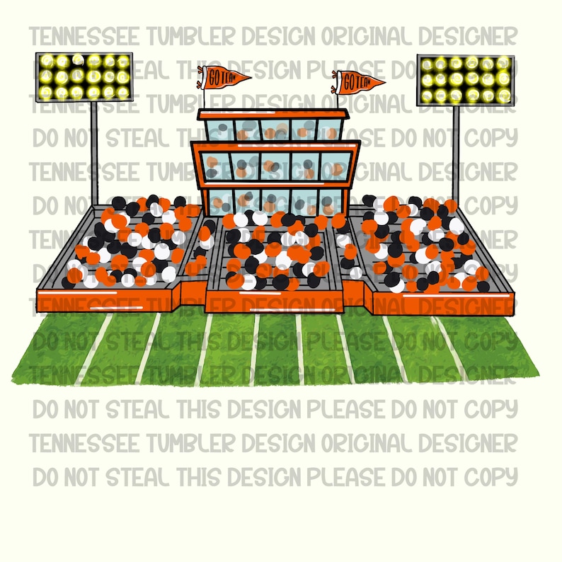 May include: A stadium illustration with orange, black, and white seating, a press box, and stadium lights. The field is green with white yard lines. The text "GO TO" is on flags. The design is by Tennessee Tumbler Design.
