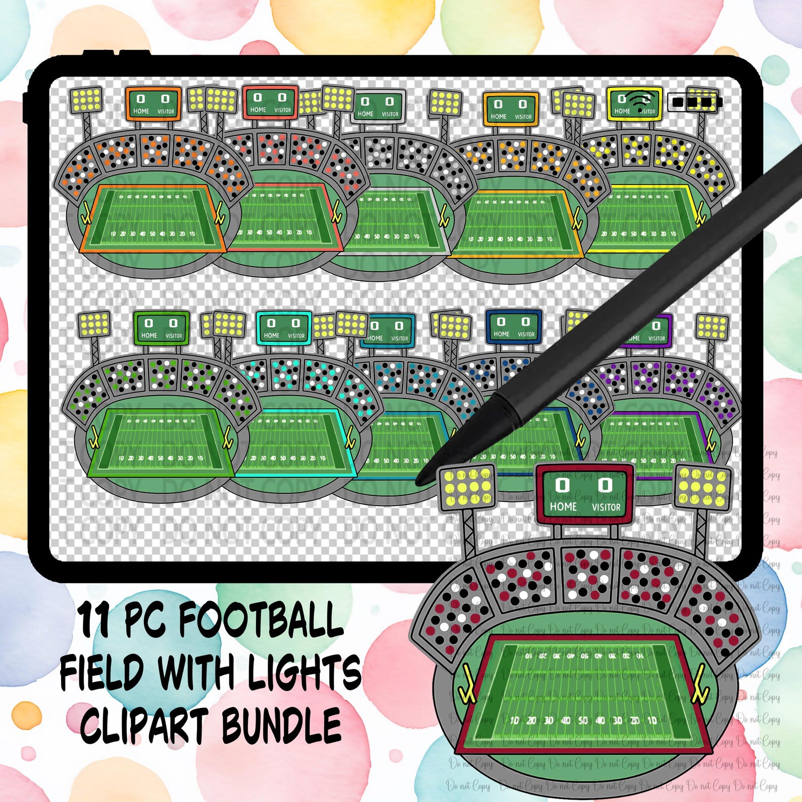 Football Field With Lights Clipart Bundle 11 Pc - 11 Inch Files - 300