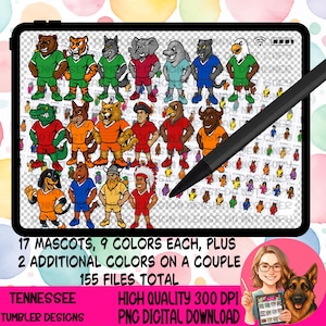 May include: Digital download of 17 mascots in various colors, displayed on a tablet with a stylus. The mascots are cartoon animals and figures wearing sports uniforms. Text on the image reads "17 Mascots, 9 Colors Each, Plus 2 Additional Colors on a Couple, 155 Files Total."