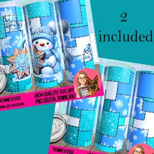 Peut inclure: Plusieurs gobelets bleus et blancs sur le thème de l'hiver. Les gobelets présentent un bonhomme de neige, des flocons de neige et un motif patchwork. Le texte "HIGH QUALITY 300 DPI PNG DIGITAL DOWNLOAD" est visible.