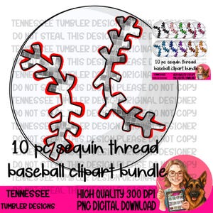 May include: A white baseball design with red stitching and a gray sequin thread pattern. The image includes the text "10 pc sequin thread baseball clipart bundle" and a pink circle with a woman and a dog.