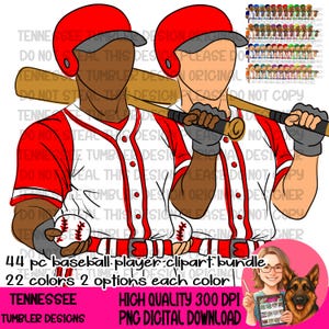 May include: A digital illustration of two baseball players in red and white uniforms, wearing red helmets and holding bats and baseballs. The image includes text: "44 pc baseball player clipart bundle, 22 colors 2 options each color."