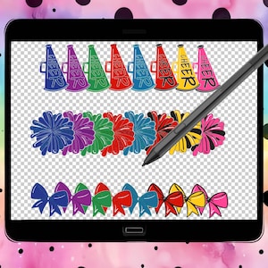May include: A digital tablet screen displaying a set of colorful cheerleading pom-poms, megaphones with the word "CHEER" on them, and bows. The megaphones are in various colors, including red, blue, green, yellow, and purple. The pom-poms are also in various colors, including blue, purple, red, green, and yellow. The bows are in various colors, including red, blue, green, yellow, and purple.
