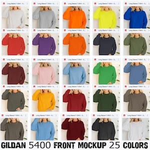 May include: A collection of 25 long-sleeved t-shirts in a range of colours, such as grey, orange, yellow, blue, red, purple, navy, green, maroon, pink, and white. The text "GILDAN 5400 FRONT MOCKUP 25 COLORS" is at the bottom of the image.
