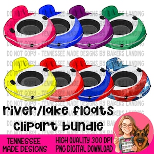 May include: A clipart bundle of colorful river/lake floats in various colors, including red, blue, purple, green, yellow, and a patriotic design. The floats have a circular design with a black center. Text on the image reads "river/lake floats clipart bundle".