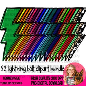 May include: A digital clipart bundle featuring 22 lightning bolt designs. The bolts are in various colors, including green, yellow, orange, pink, blue, and black. The text "22 lightning bolt clipart bundle" is displayed at the bottom.