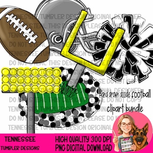 Puede incluir: Ilustración digital con elementos de fútbol americano: balón, casco, poste de gol y pompones. El diseño incluye el texto "Hand drawn doodle football clipart bundle". La paleta de colores incluye marrón, gris, amarillo, negro y blanco.