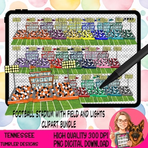 May include: Digital clipart bundle featuring colorful football stadium illustrations with field and lights. The image includes multiple stadium sections with various color schemes, a green field, and the text "FOOTBALL STADIUM WITH FIELD AND LIGHTS CLIPART BUNDLE".