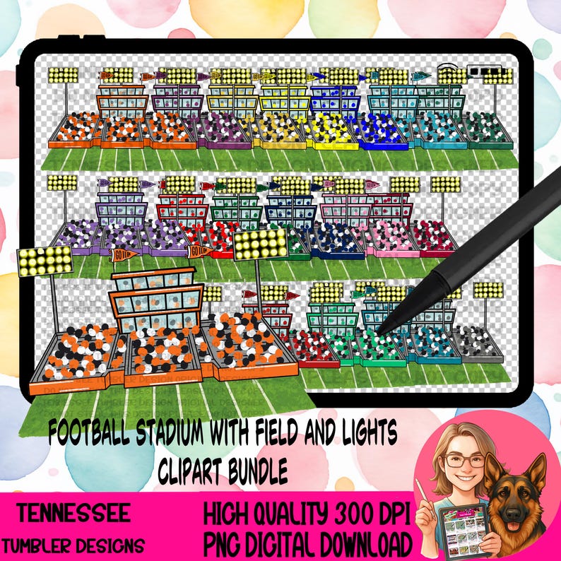 May include: Digital clipart bundle featuring colorful football stadium illustrations with field and lights. The image includes multiple stadium sections with various color schemes, a green field, and the text "FOOTBALL STADIUM WITH FIELD AND LIGHTS CLIPART BUNDLE".