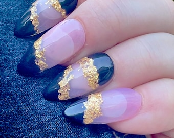 Black and Gold Press On Short Stiletto | Elegant Glam Simple Statement Nails | Reusable Glue On | Night Out Nails