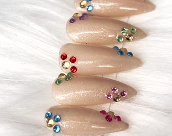 Short Stiletto Press On Nails, Champagne Glitter Rhinestone, For Busy Moms