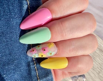 Spring Floral Press On Nails Short Almond | Cute Hand Painted Flower Busy Mom Nails | Simple Everyday Reusable Glue On