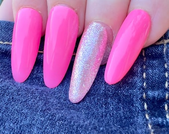Hot Pink Press On Nails | Medium Round Nails with Glitter Accent | Bright Summer Reusable Handmade Nail Set