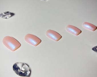 Short Square Nude Shimmer Natural Nails, Reusable Easy At-Home Manicure for Busy Moms