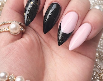 Short Stiletto Black & Blush Press On Nails, Reusable Salon Manicure, For Busy Moms