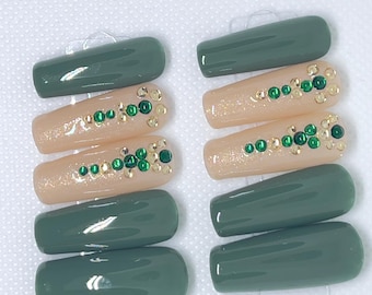 Long Square Green Press On Nails, Rhinestone Detail, Handmade Fake Nails, For Busy Adults
