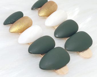Short Almond Green Press On Nails, Elegant Neutral Reusable Fake Nails, For Busy Moms