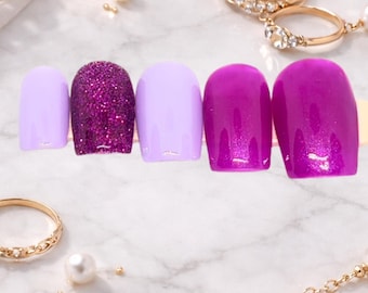 Short Square Purple Press On Nails | Glitter Ombre Cute Simple Everyday Nails | Reusable Handmade Nail Set