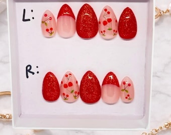 Short Almond Red Glitter Cherry Press On Nails – Reusable At-Home Manicure