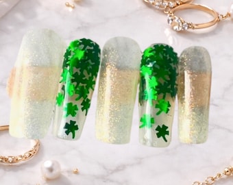 Long Square Shamrock Green Glitter Press On Nails, Reusable St. Patrick's Day Manicure