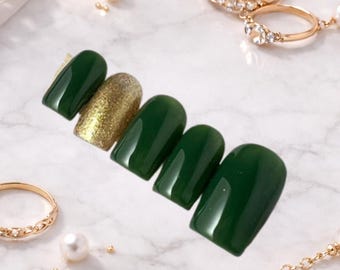 Short Square Emerald Green and Gold Accent Nails, Reusable Easy At-Home Manicure for Work