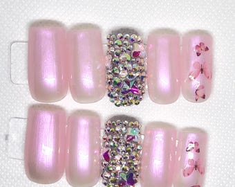 Pink Rhinestone Press On Nails | Glam Butterfly Sparkly Statement Nails | Handmade Bold Nail Set