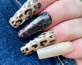 Cheetah Print Press On Long Square Nails | Brown Leopard Trendy Statement Nails | Reusable Glue On | Bold Everyday Nails