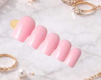 Short Square Press On Nails, Soft Baby Pink, Reusable Manicure Set