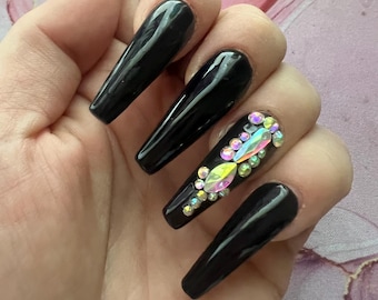 Long Black Coffin Press On Nails with Rhinestones – Simple & Elegant Nail Set