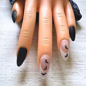 Matte Black Bat French Tip Press On Nails, Handmade Oval False Nails, Gothic Halloween Manicure, Reusable Spooky Gift For Her