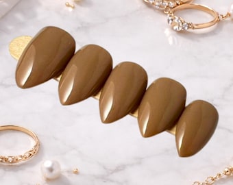 Short Almond Brown Press On Nails, Reusable At-Home Manicure for Work