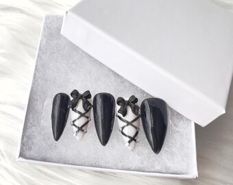 Short Stiletto Black Bow Press On Nails, Handmade Nail Set, For Busy Moms
