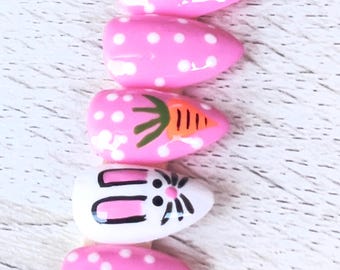 Short Almond Easter Bunny Press-On Nails, Pink Polka Dot Design, Reusable Easy At-Home Nails