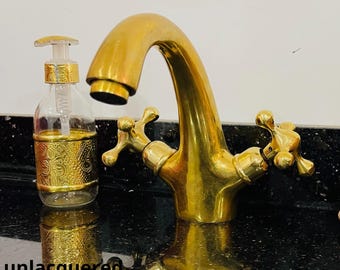 Unlacquered brass bathroom faucet, Single hole design, double handle faucet– Solid Brass with Flat Handles and Antique.