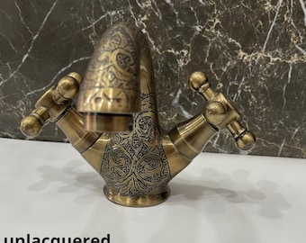 Unlacquered brass bathroom faucet, Single hole design, double handle faucet, Brass Bar Faucet, Bar Faucet, Sink Faucet, Brass Kitchen Bar.
