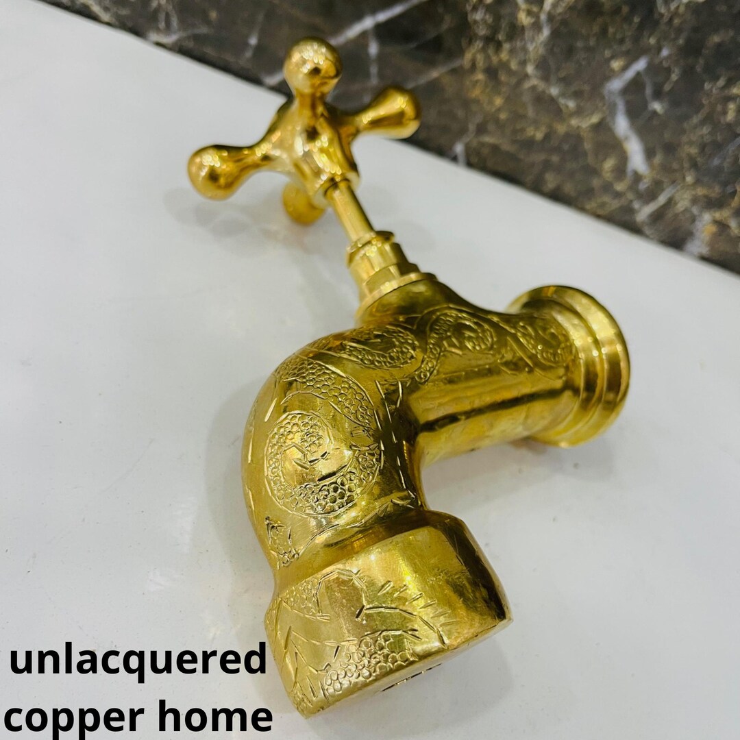 Handmade Unlacquered Brass Bathroom Faucet – Engraved Wall-mounted ...