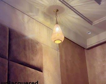 Handmade Brass Moroccan Pendant Lamp – Vintage Hanging Ceiling Light | Unlacquered Brass Lantern for Living Room & Bedroom.