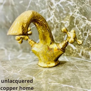 Unlacquered Brass Bathroom Faucet, Solid Brass Vanity Faucet - Gold Polished Faucet with Victorian Cross Handles.