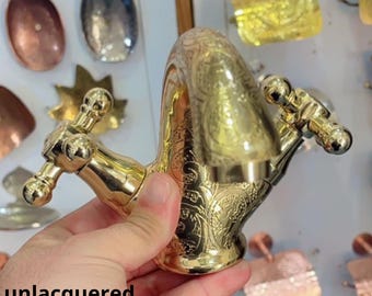 Unlacquered brass bathroom faucet, Single hole design, double handle faucet,Solid Brass Bath Vanity Faucet, Moroccan Hand.