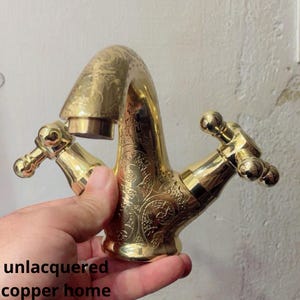 Unlacquered brass bathroom faucet, Single hole design, double handle faucet,Solid Brass Bath Vanity Faucet, Moroccan Hand.