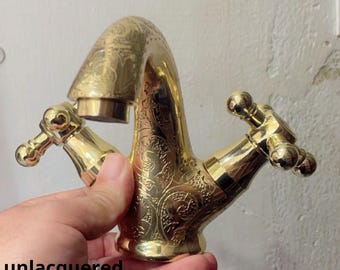 Unlacquered brass bathroom faucet, Single hole design, double handle faucet,Solid Brass Bath Vanity Faucet, Moroccan Hand.