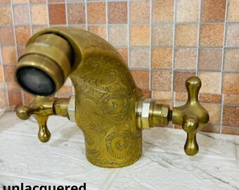 Engraved Brass Bathroom Faucet – Unlacquered Solid Brass Vanity Sink Tap | Double Handle Vintage Moroccan Faucet.