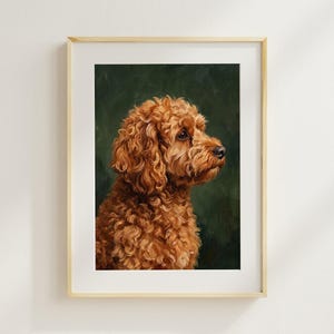 May include: A framed wall art print featuring a portrait of a curly-haired, golden-brown dog against a dark forest green background. The dog is shown in profile, facing to the right, with detailed fur texture and a light-coloured wooden frame.